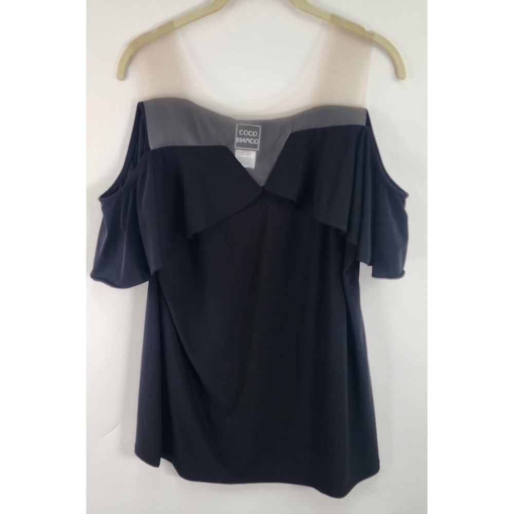 Coco Blanco Black Top Womens L Lightweight Stretch Ruffle Romantic Cold Shoulder